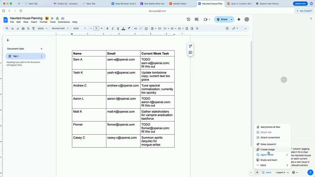 ChatGPT Atlasのエージェントモードのスクリーンショット